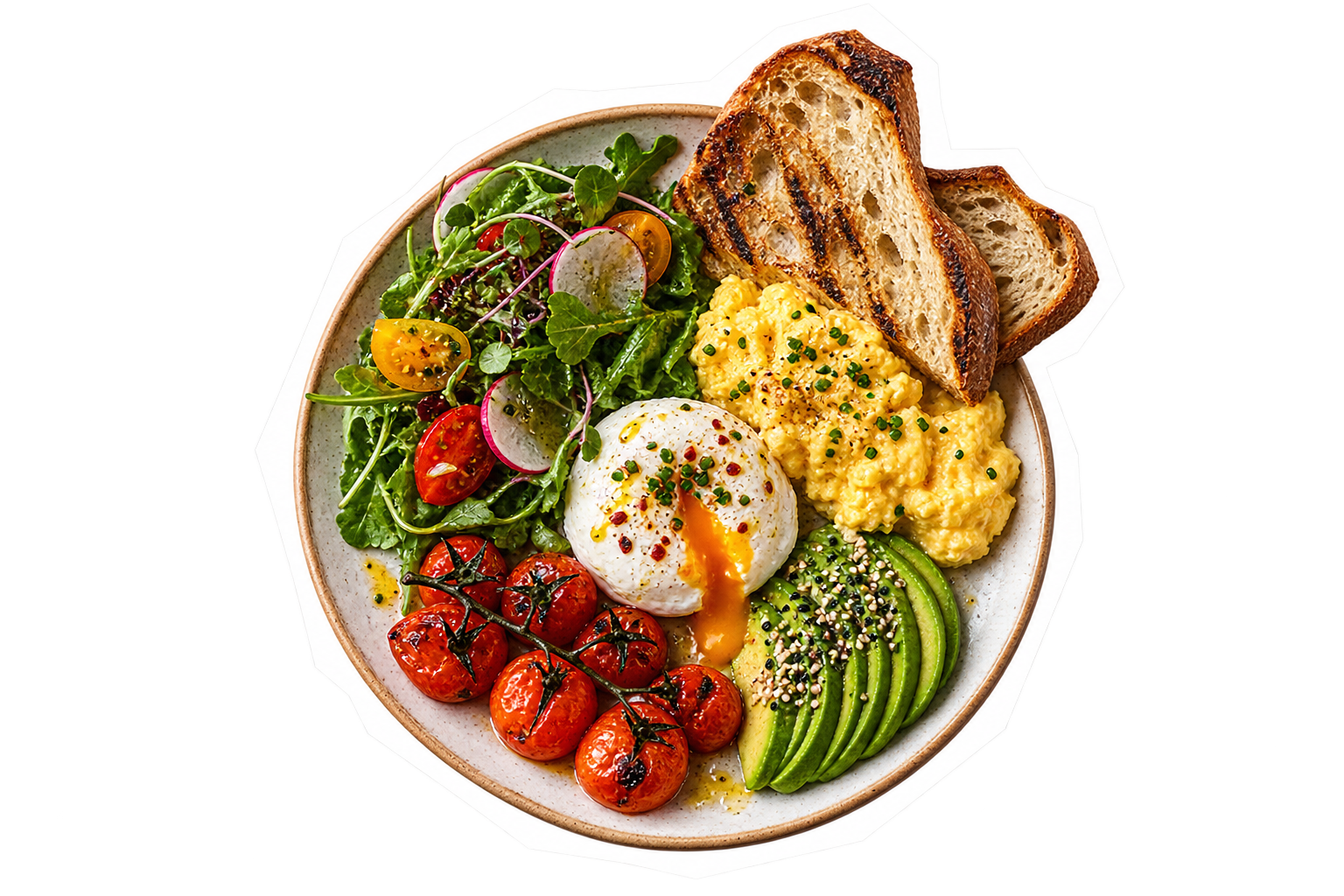 Weekend brunch plate with eggs, avocado, tomatoes and toast